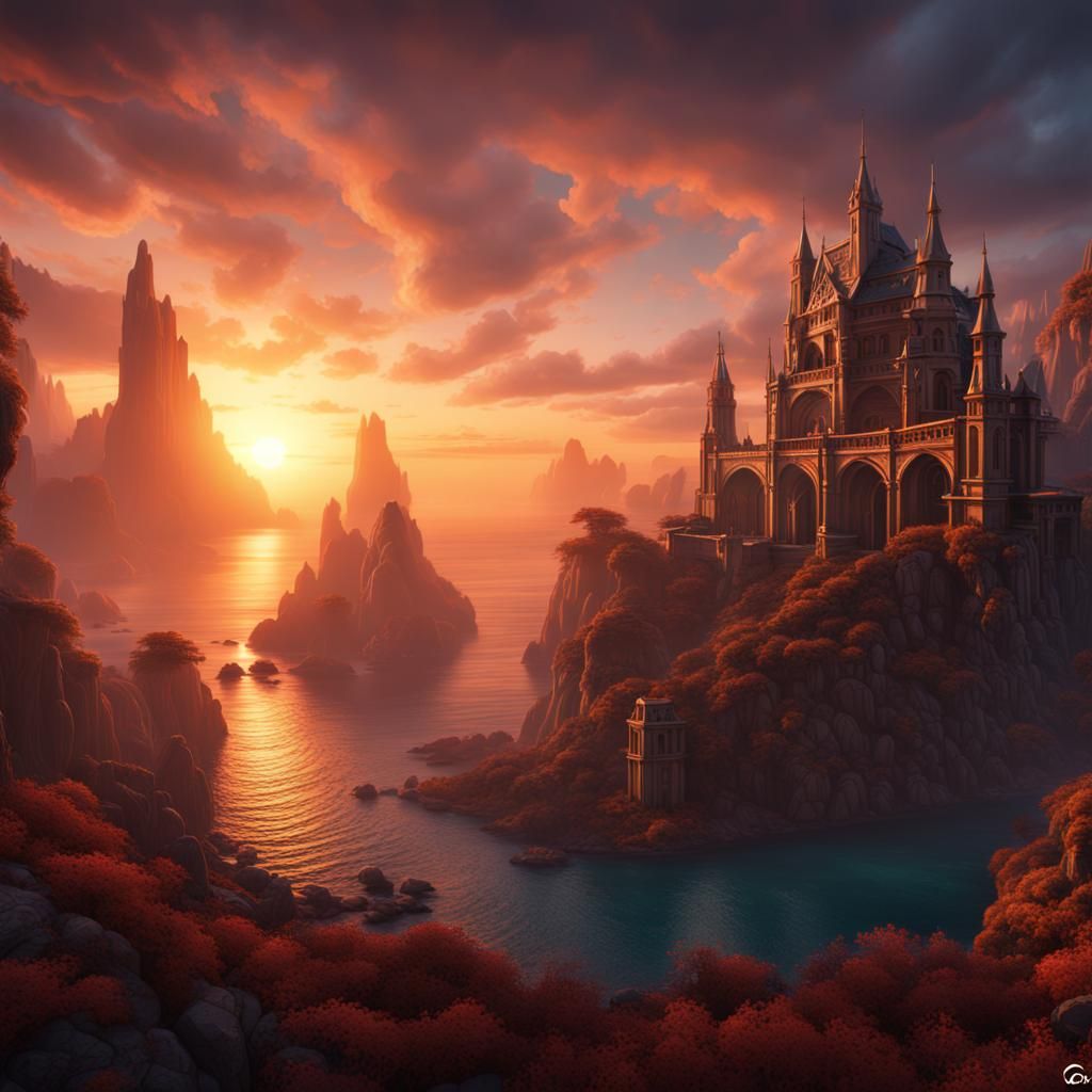 Fantastical Sunset in Detailed Matte Painting Style