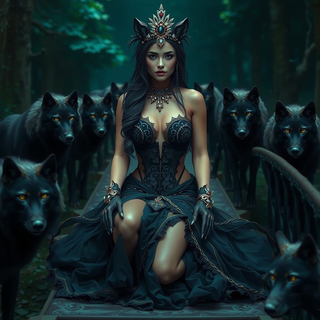 Regal Wolf Goddess in Mysterious Forest