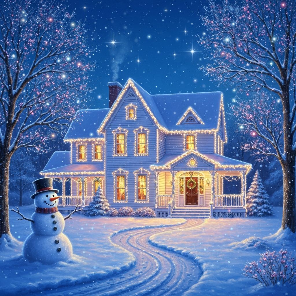 Cozy White House in Magical Snowy Winter Twilight