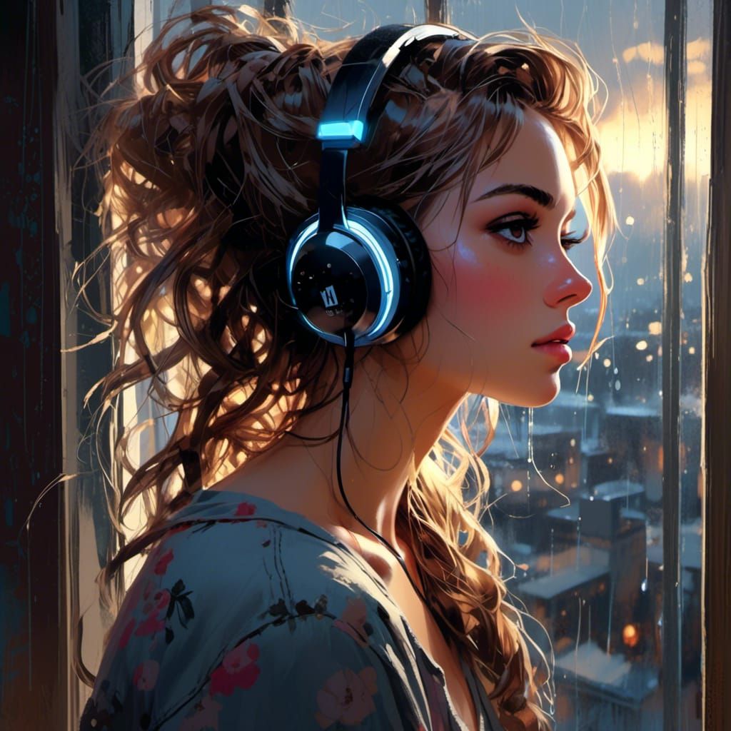 Woman Listening to Music During Thunderstorm
