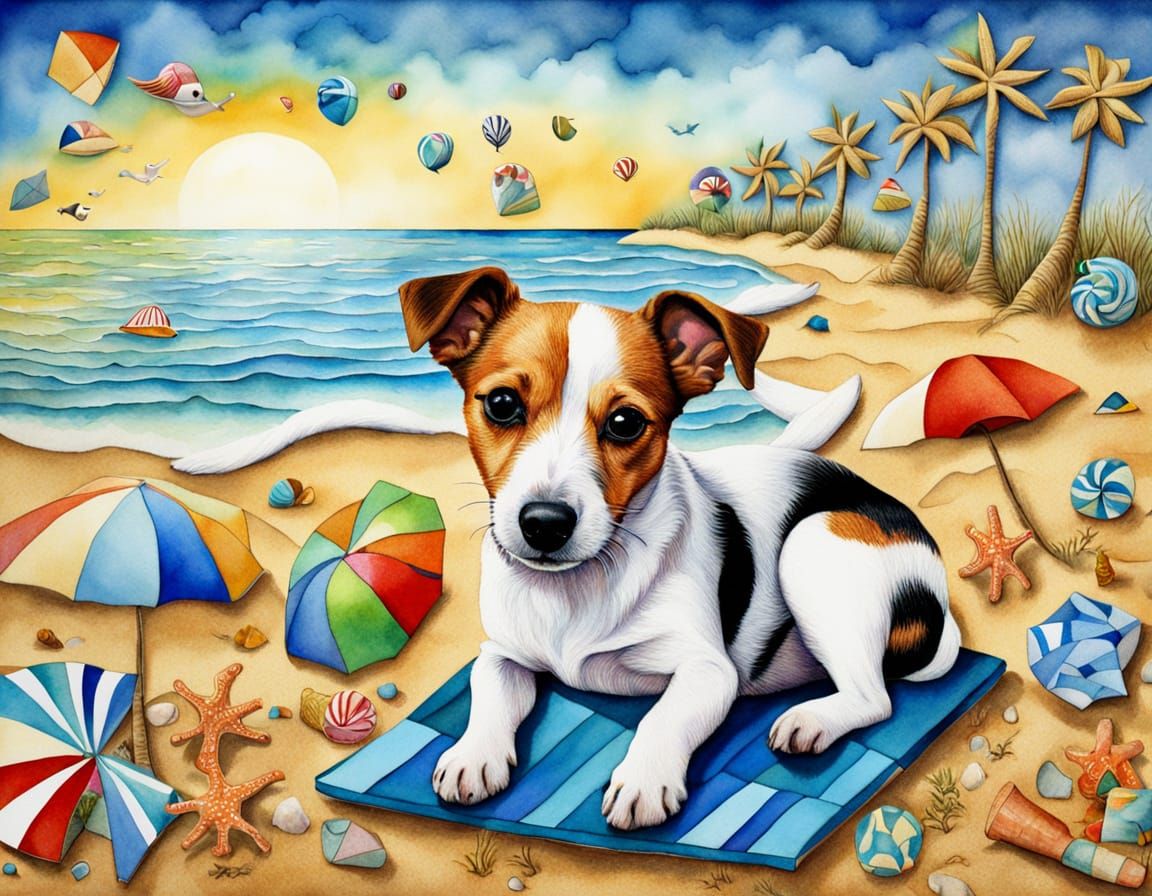 Cubist Beach Scene with Happy Jack Russell