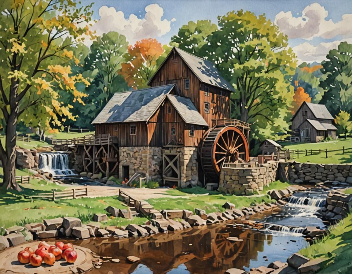 Cider Mill Near Orchard, Gouache Watercolor Painting
