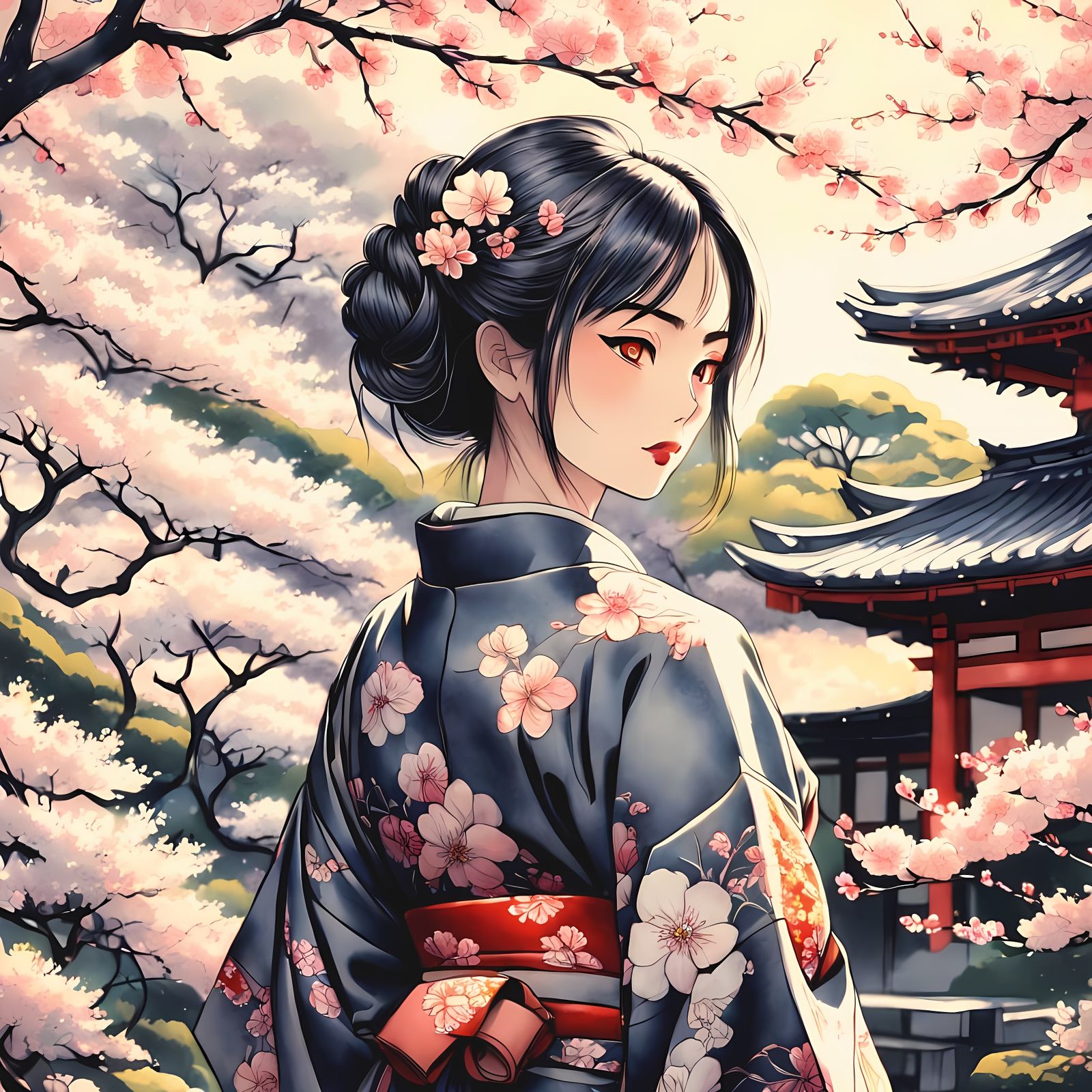 Anime Girl in Kimono, Japanese Garden Charcoal Drawing