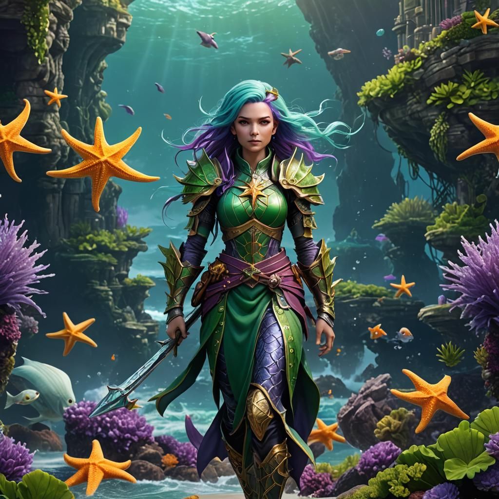 Green-Skinned Cleric with Starfish in Hair