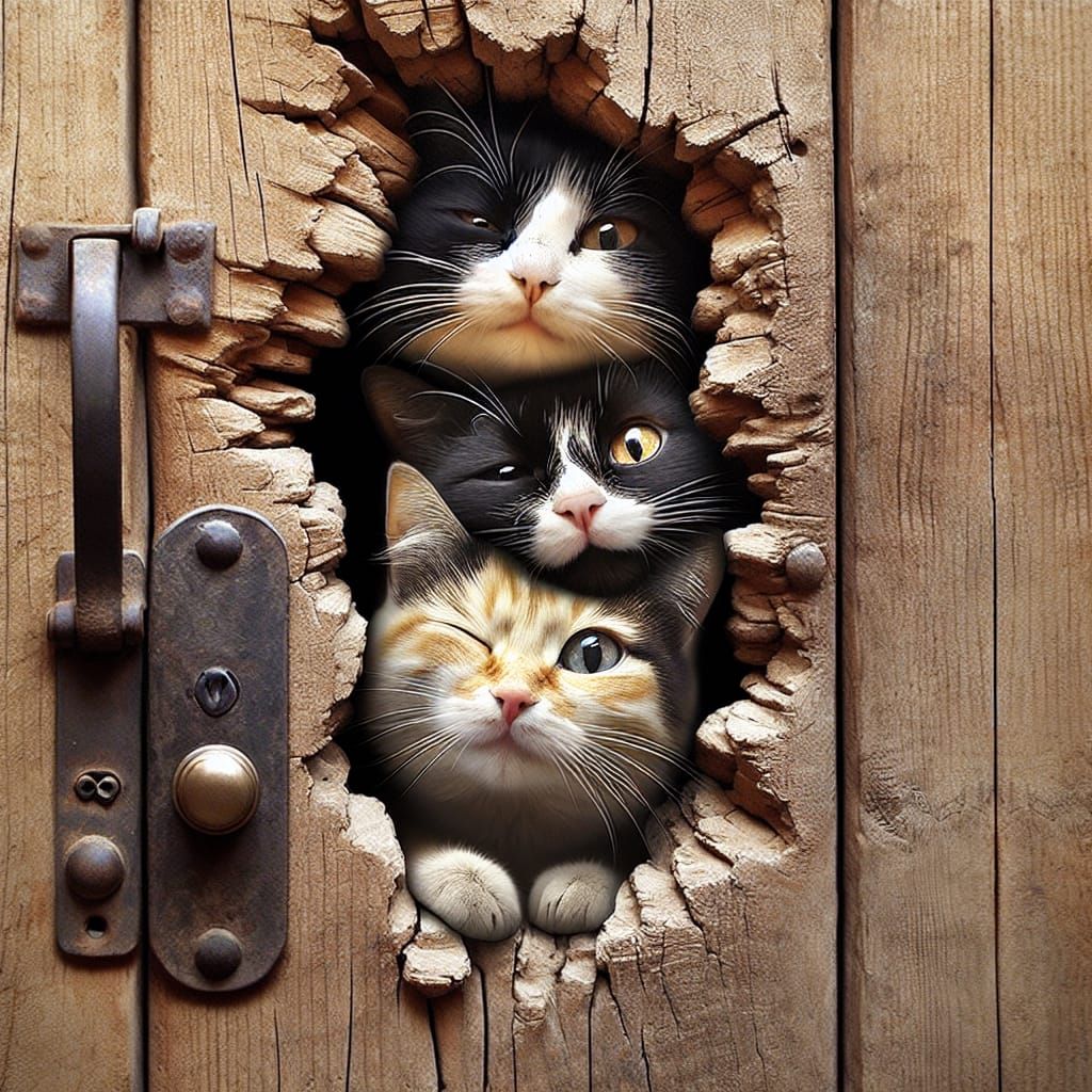 Curious Cats Peek Through Hole in Wooden Door