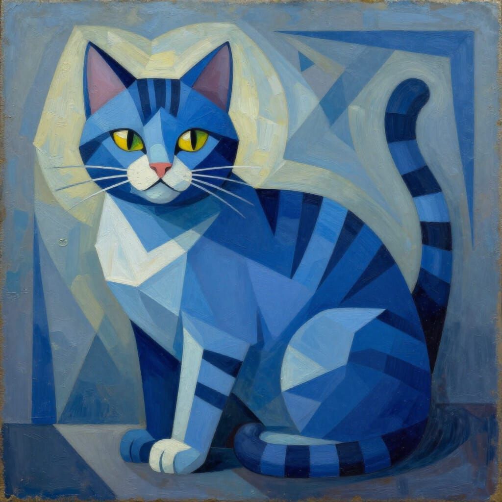 Blue Cat with Black Stripes in Cubist Style