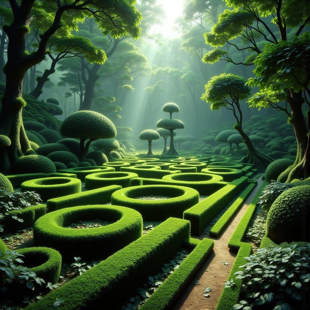 Vivid Hedge Maze in a Dazzling Forest