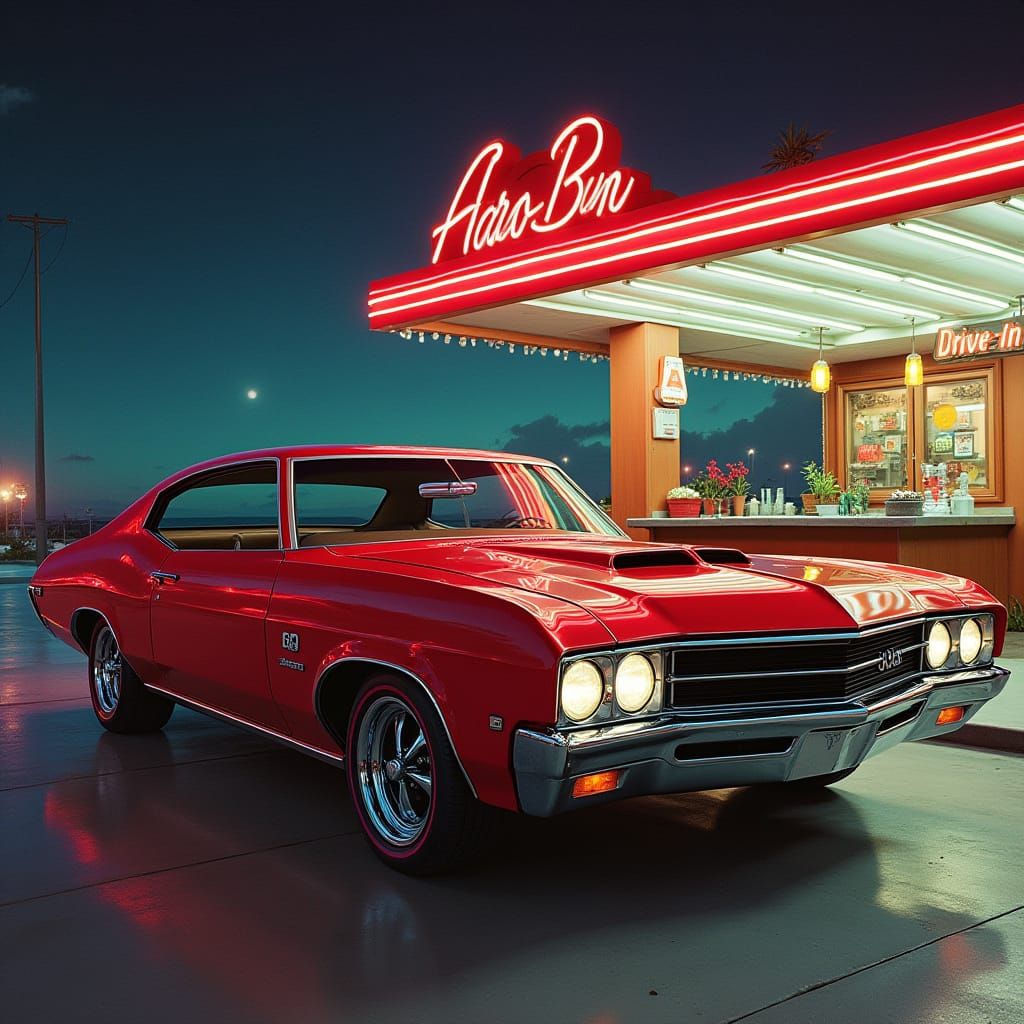 Red 1968 Buick GS at a Neon-lit Drive-In