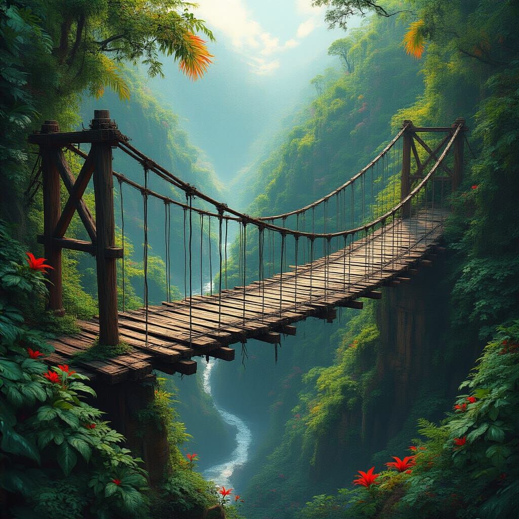 Hyperrealistic Jungle Suspension Bridge Concept Art