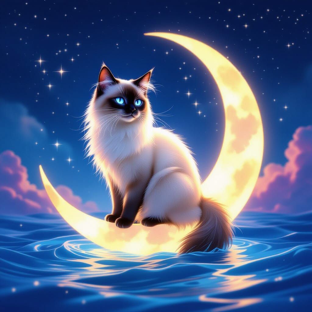 Ethereal Siamese Cat on Moon in Cosmic Ocean