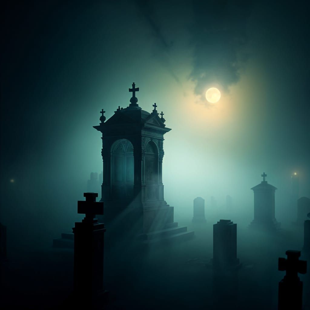 Misty Graveyard Mausoleum at Night