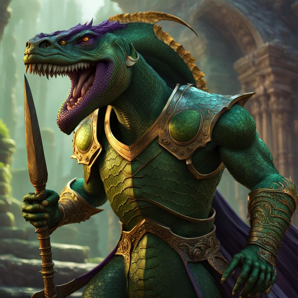 Dark Green Reptilian Warrior in Detailed Fantasy Art