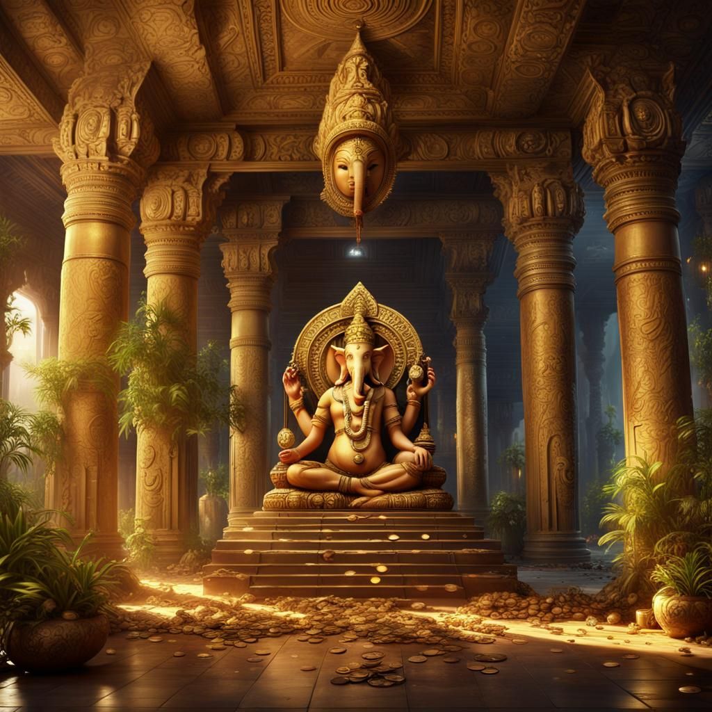 Ancient Indian Temple Ruins with Golden Ganesh