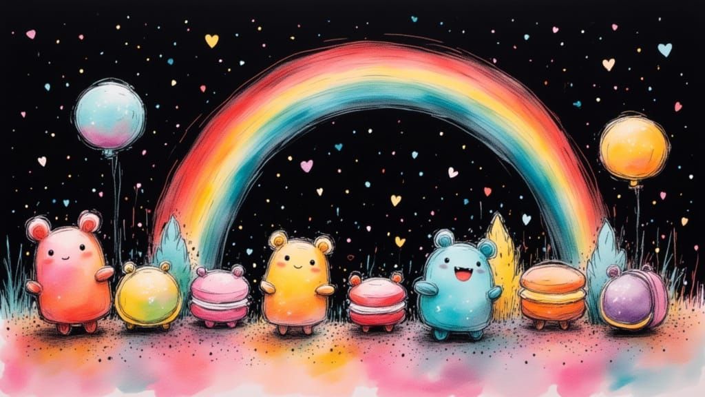 Whimsical Pastries in Rainbow Sky with Friendly Monsters