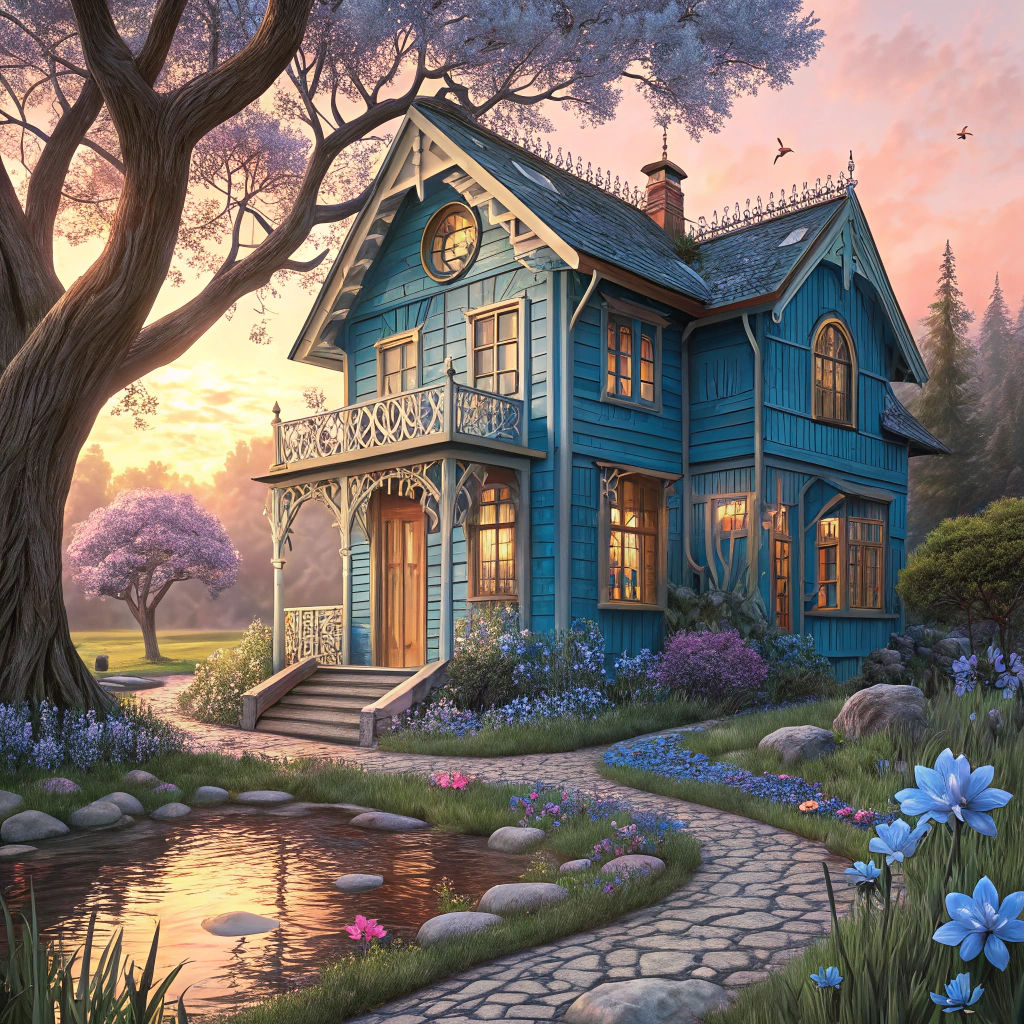 Blue Cottage with Winding Bluebells in Lush Garden