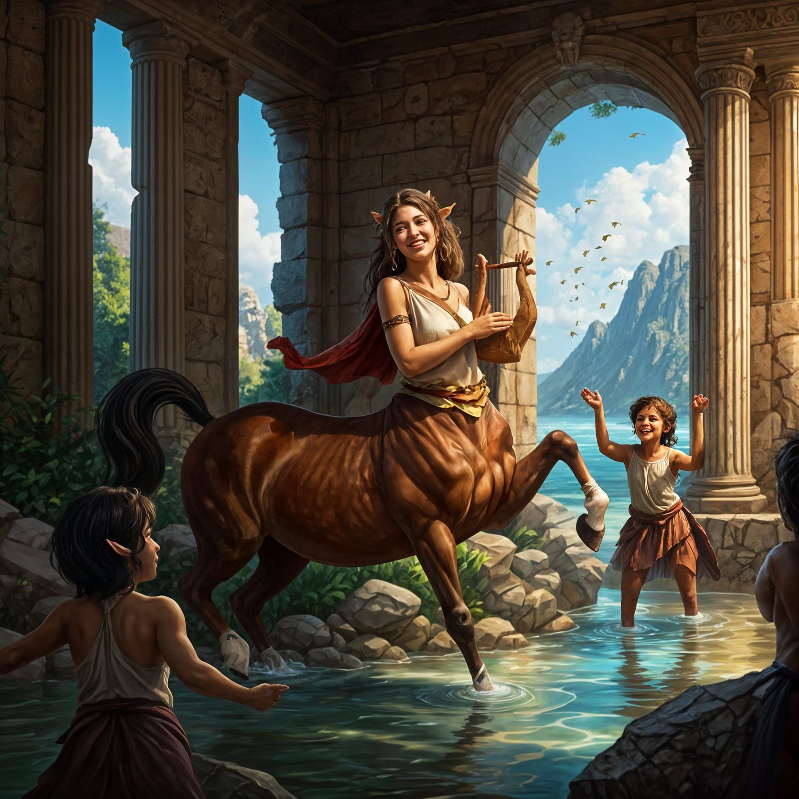 Happy Centaur Family Dancing in Ancient Ruins