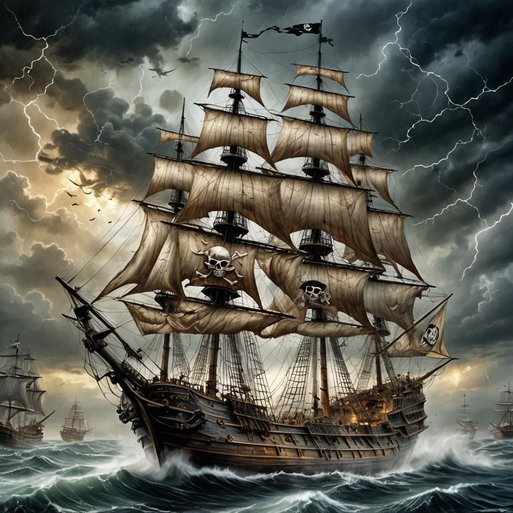 Ghost Pirate Ship at Full Sail in Fantasy Style