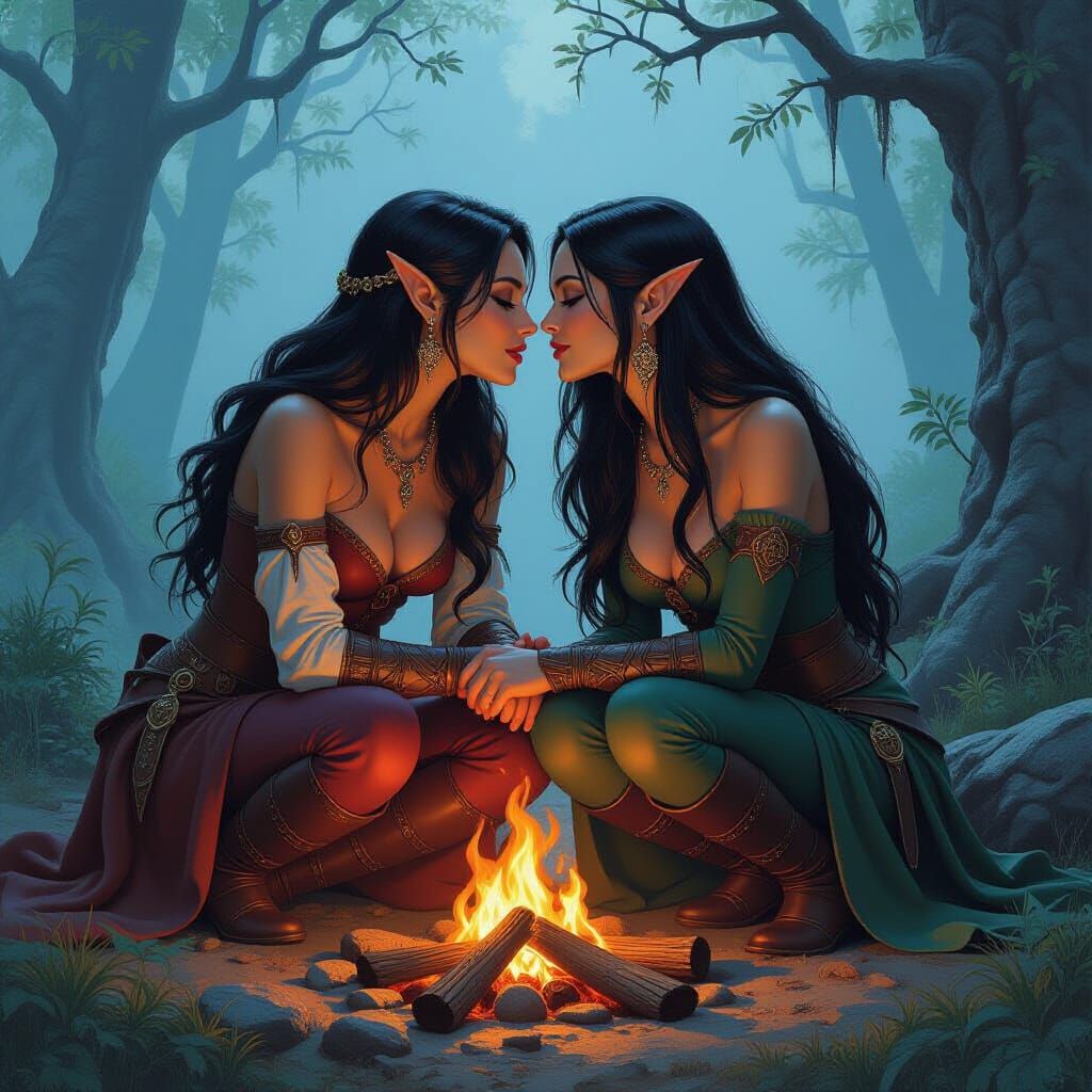 Fantasy Adventurer Women Share a Kiss by Campfire