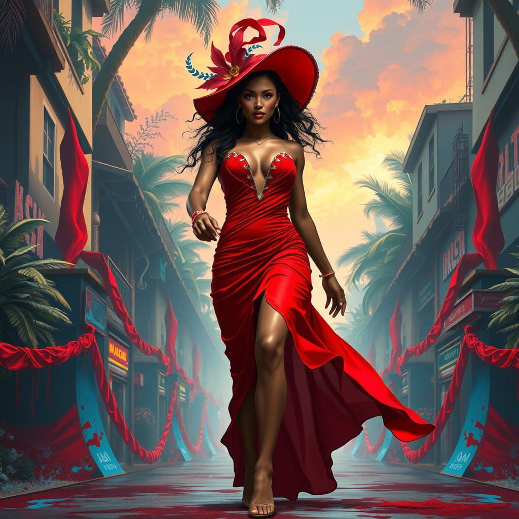 Determined Caribbean Woman in Fiery Red Ensemble