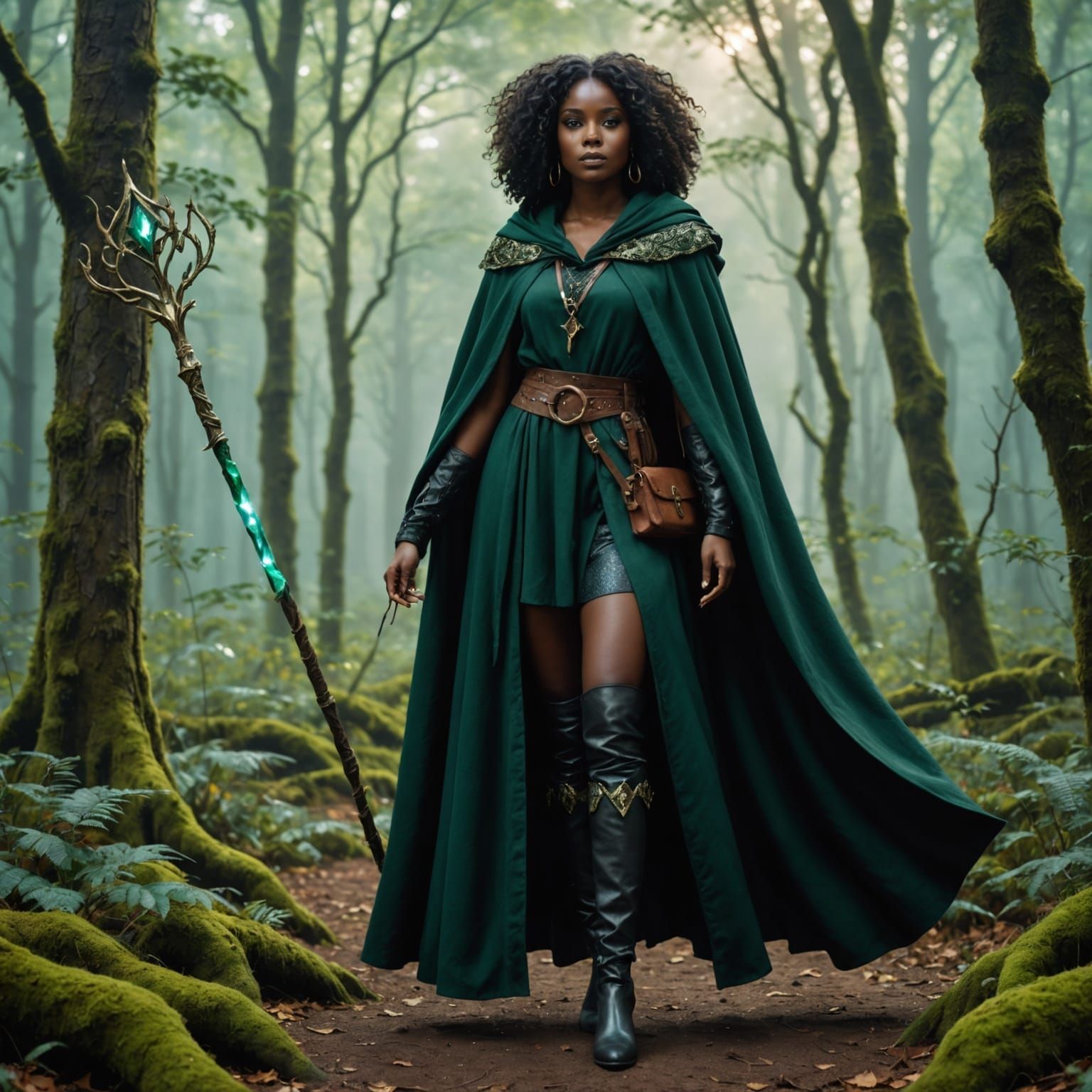 Ebony Woman in Fantasy Cloak and Crystal Staff