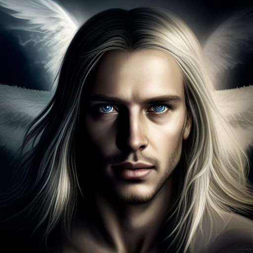 Male Angel, beautiful soft face, blue eyes, soft expression, long blonde hair, beautiful full white wings, intricate det...