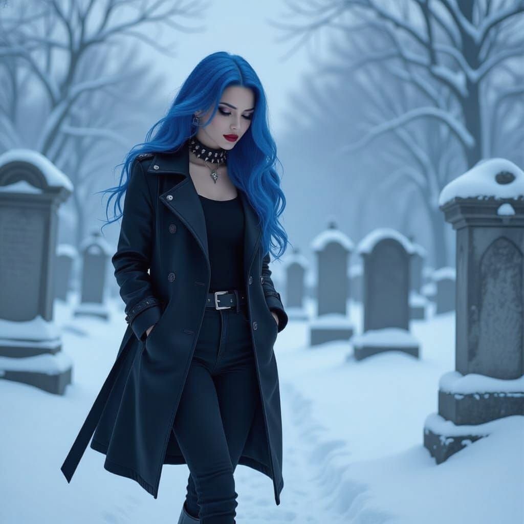 Gothic Woman in Snowy Graveyard: Dark Surrealism