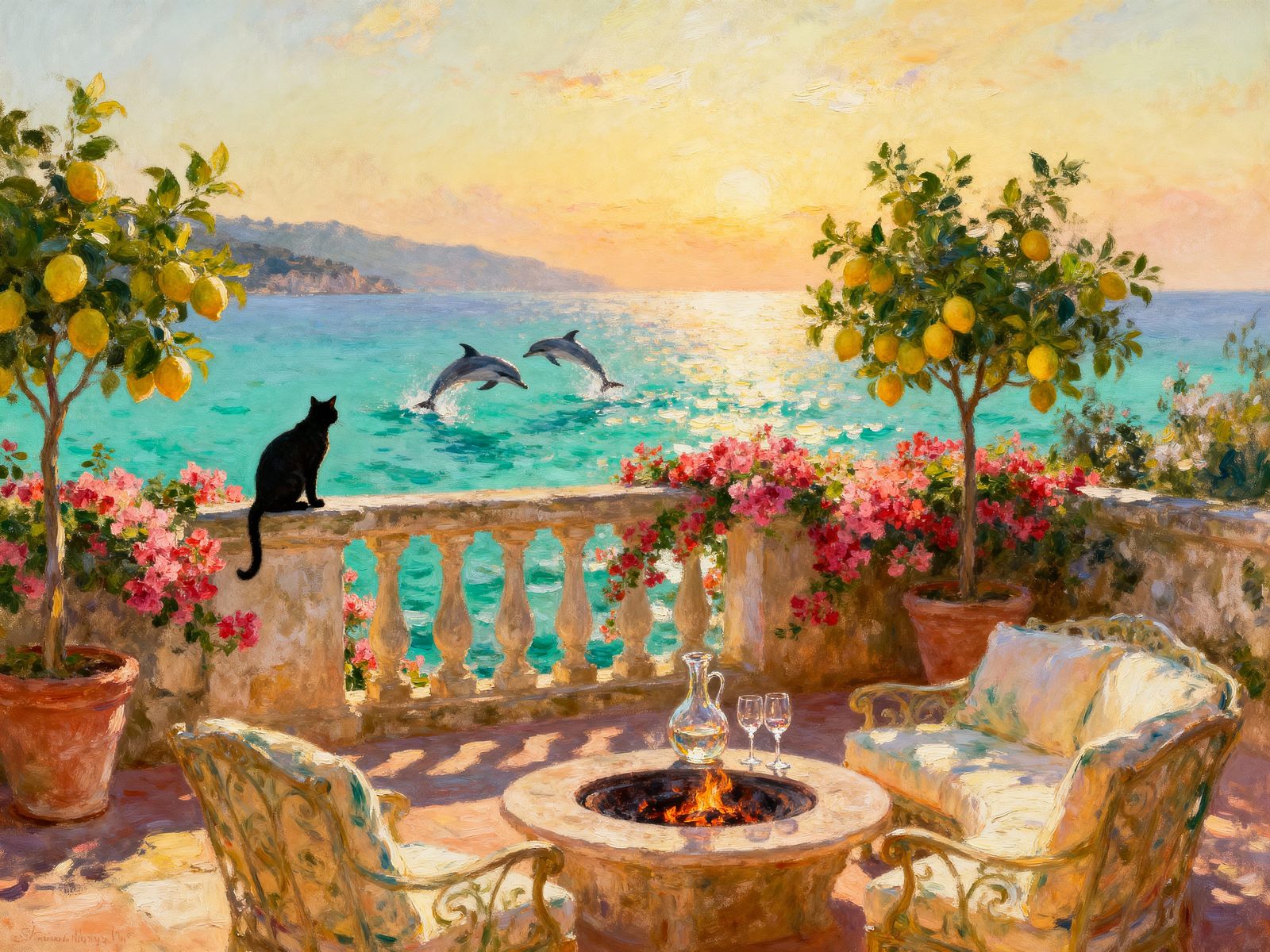 Mediterranean Sunset Serenity with Dolphins and Cat