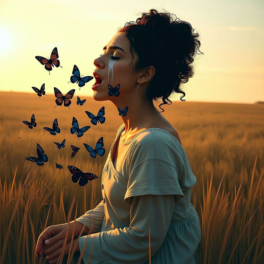 Woman Kneeling in Field With Butterflies Erupting From Mouth