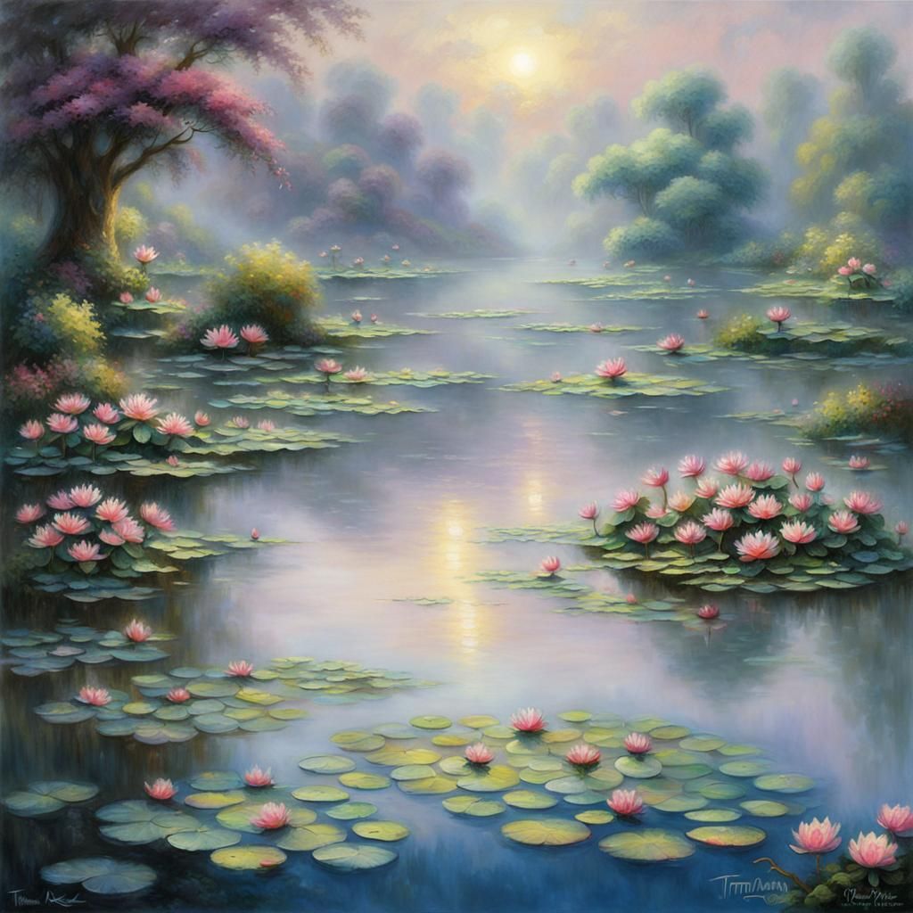 Ethereal Water Lilies in Dreamy Landscape