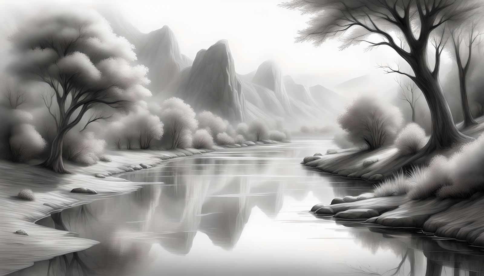 Ethereal Landscape Pencil Sketch with River Divide