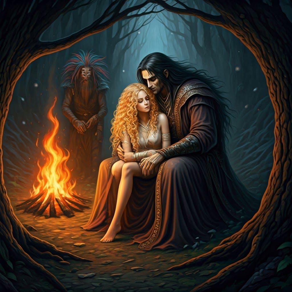 Mystic Dark Wizard Enchants a Golden Beauty in a Haunting, S...