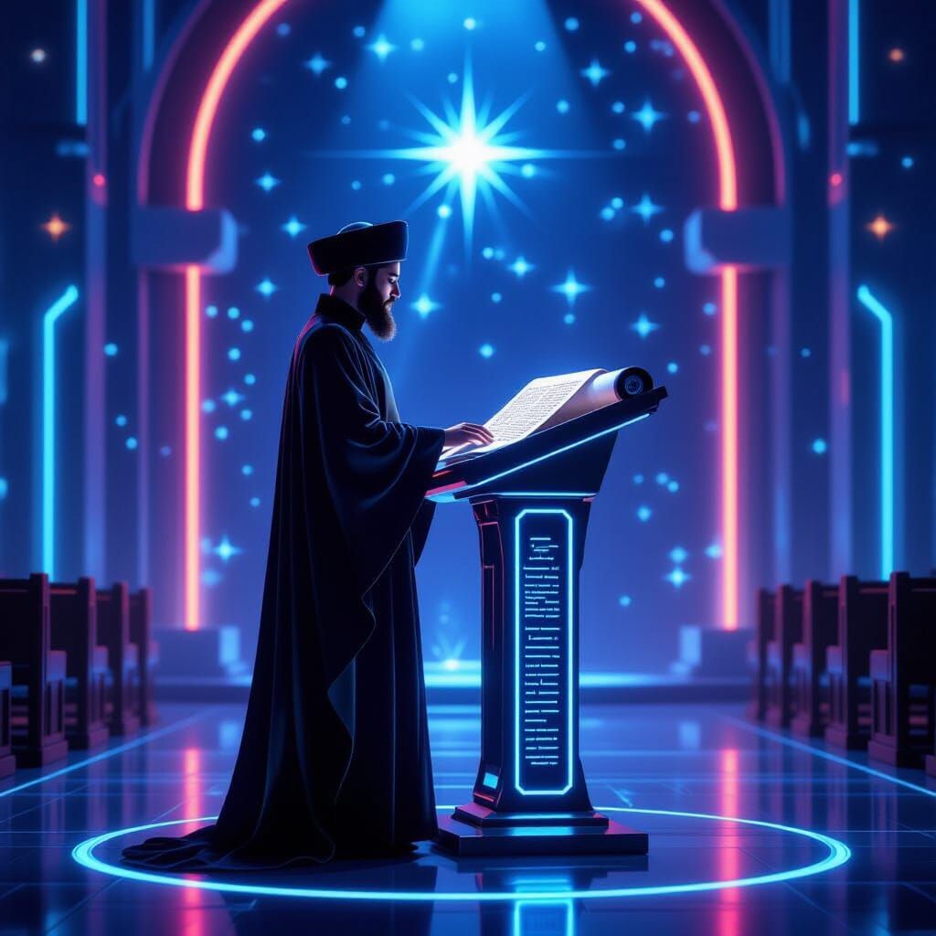 Futuristic Torah Reader in a Neon Synagogue