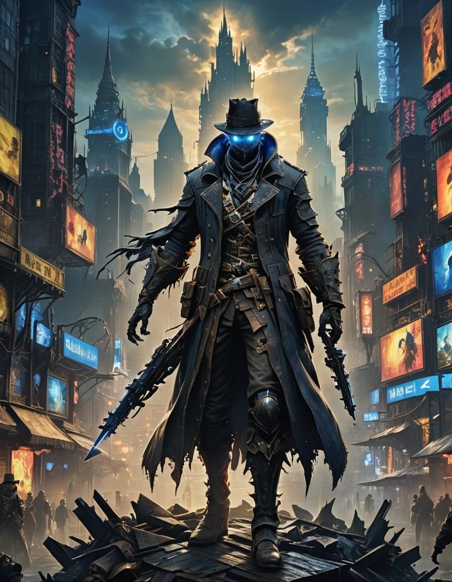 Cybernetic Hunter in Neon Cityscape, Dystopian Future