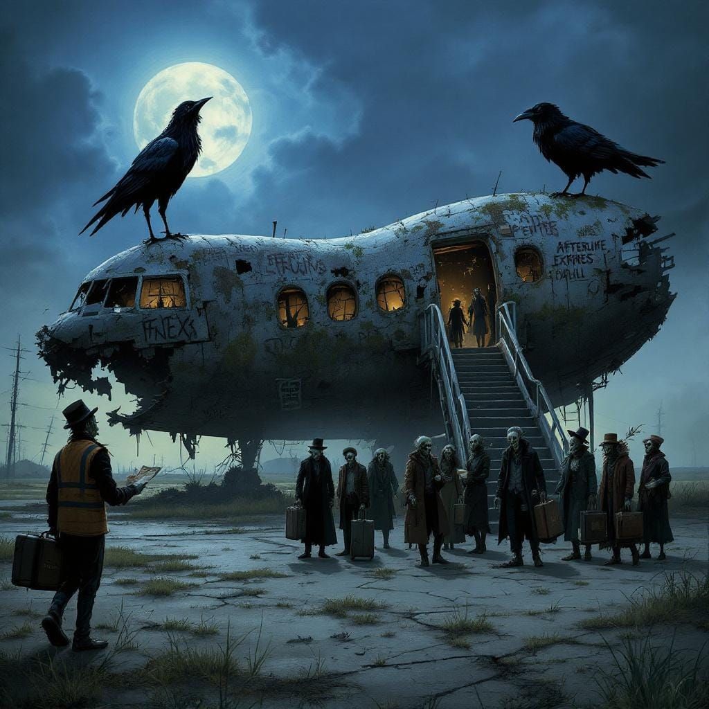 Apocalyptic Airport Runway at Dusk in Tim Burton Style