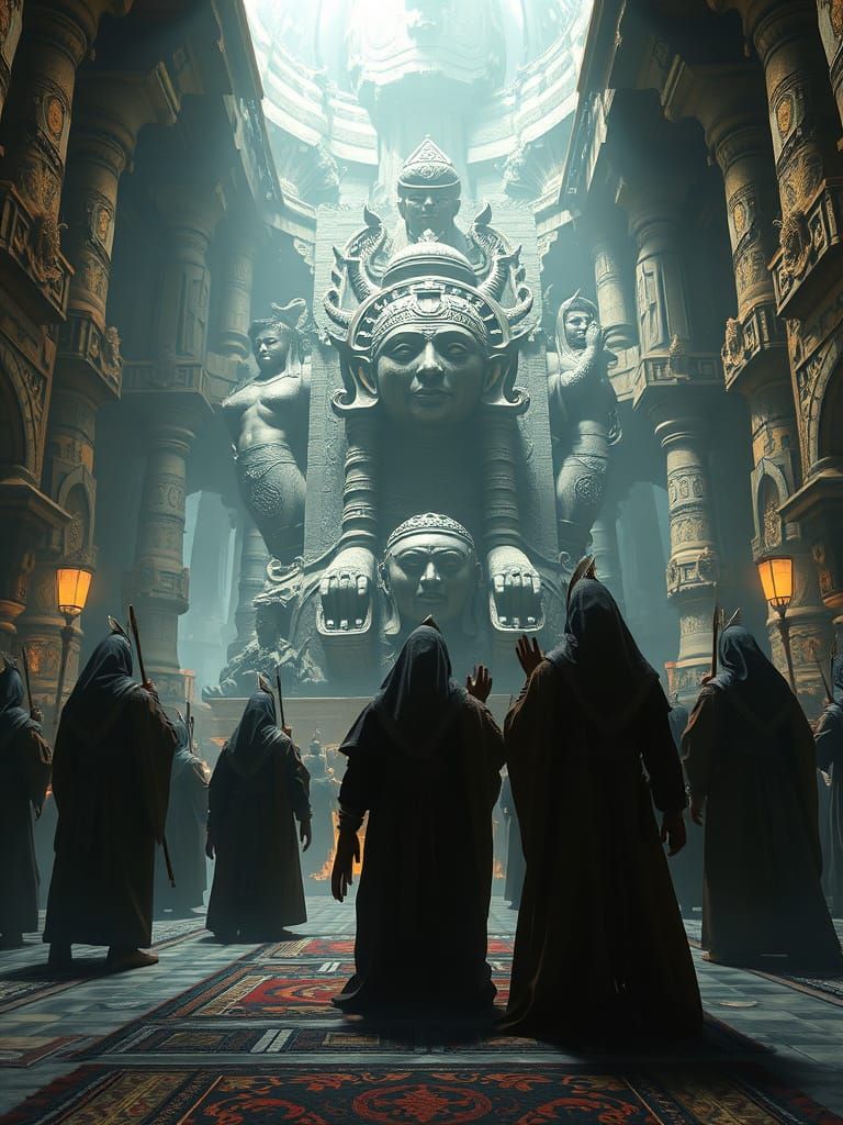 Ancient Priests Praying to Stone Idol, Dramatic Lighting