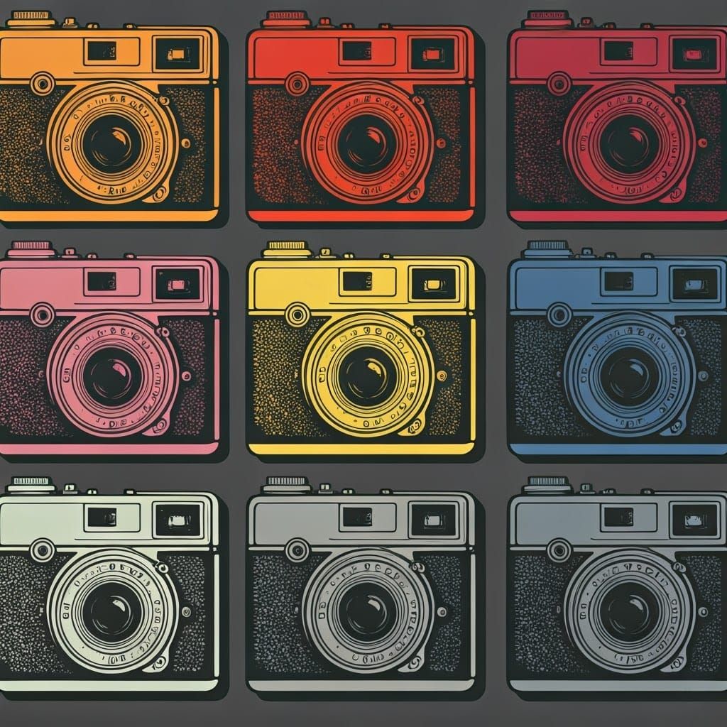 Vibrant Pop Art Grid of Vintage Cameras