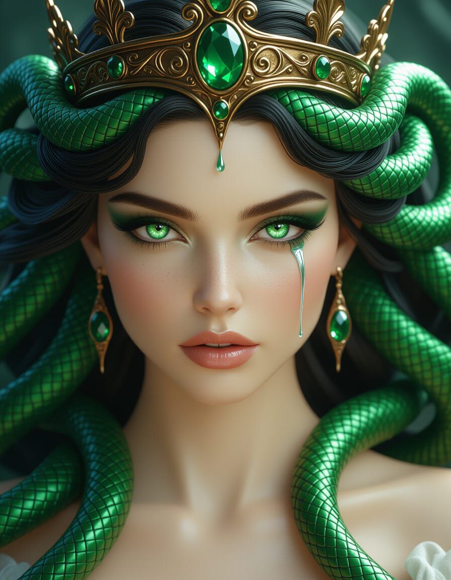 Beautiful Medusa with Emerald Eyes in Chiaroscuro