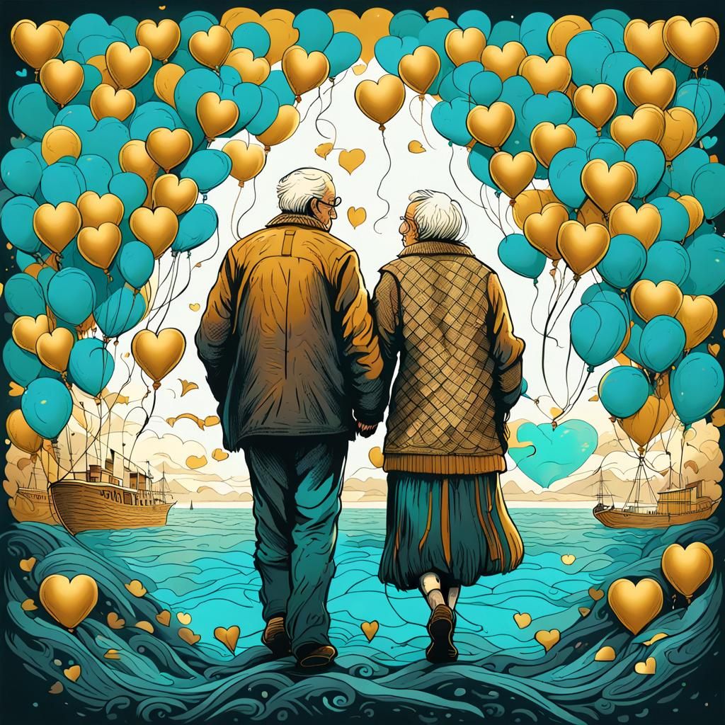 Heart Balloons for an Old Couple: Tattoo Line Art