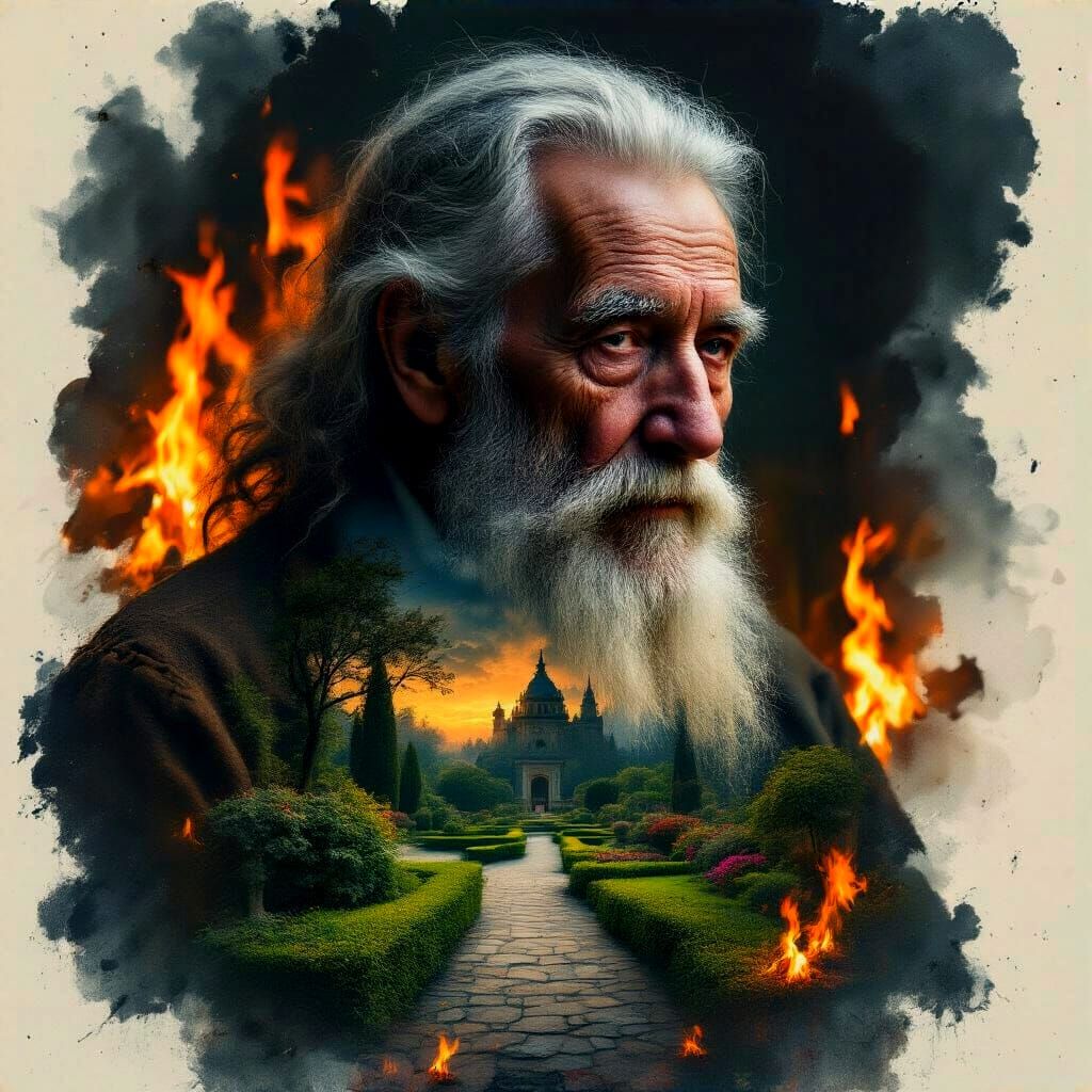 Surreal Double Exposure: Old Man, Fire, and Garden Landscape