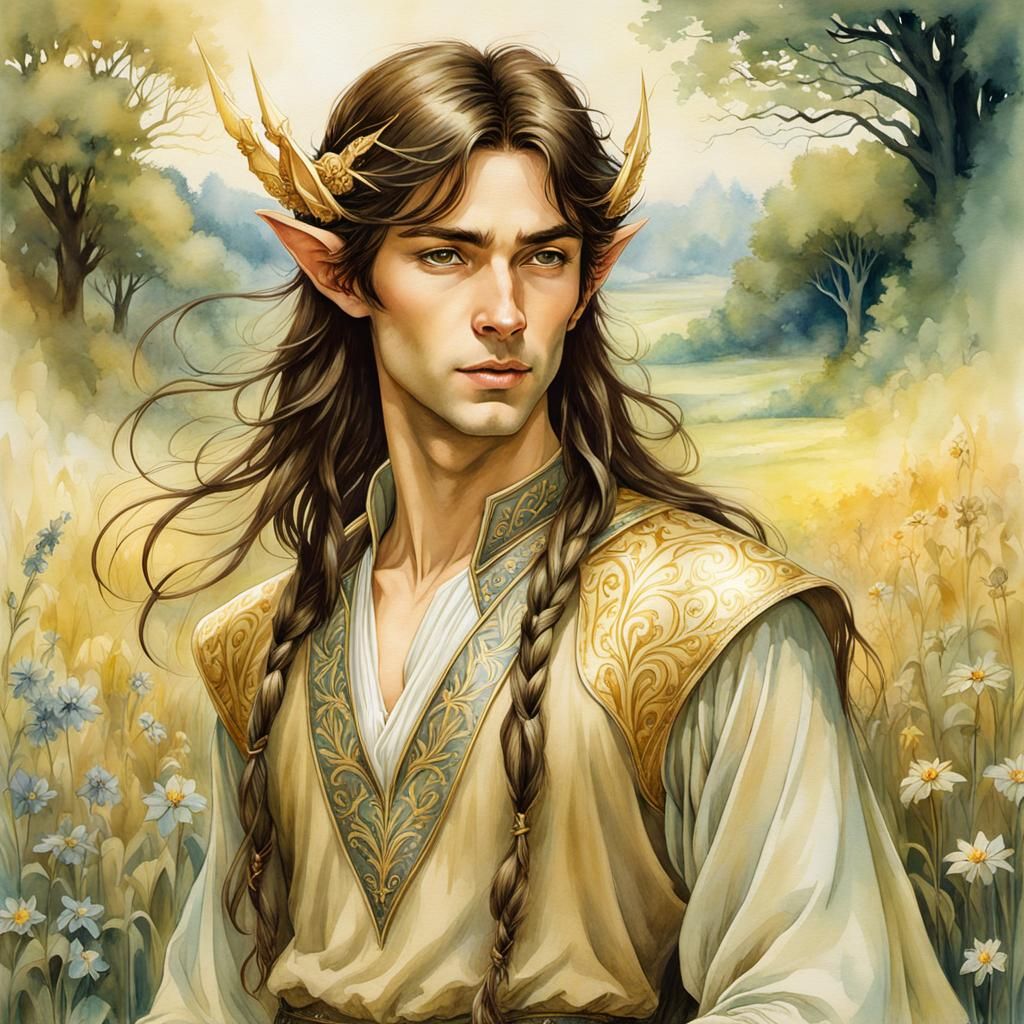 Radiant Elven Prince in Summer Meadow: Watercolor Art