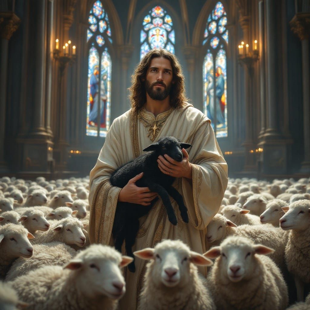 Jesus with a Black Sheep in a Gothic Church