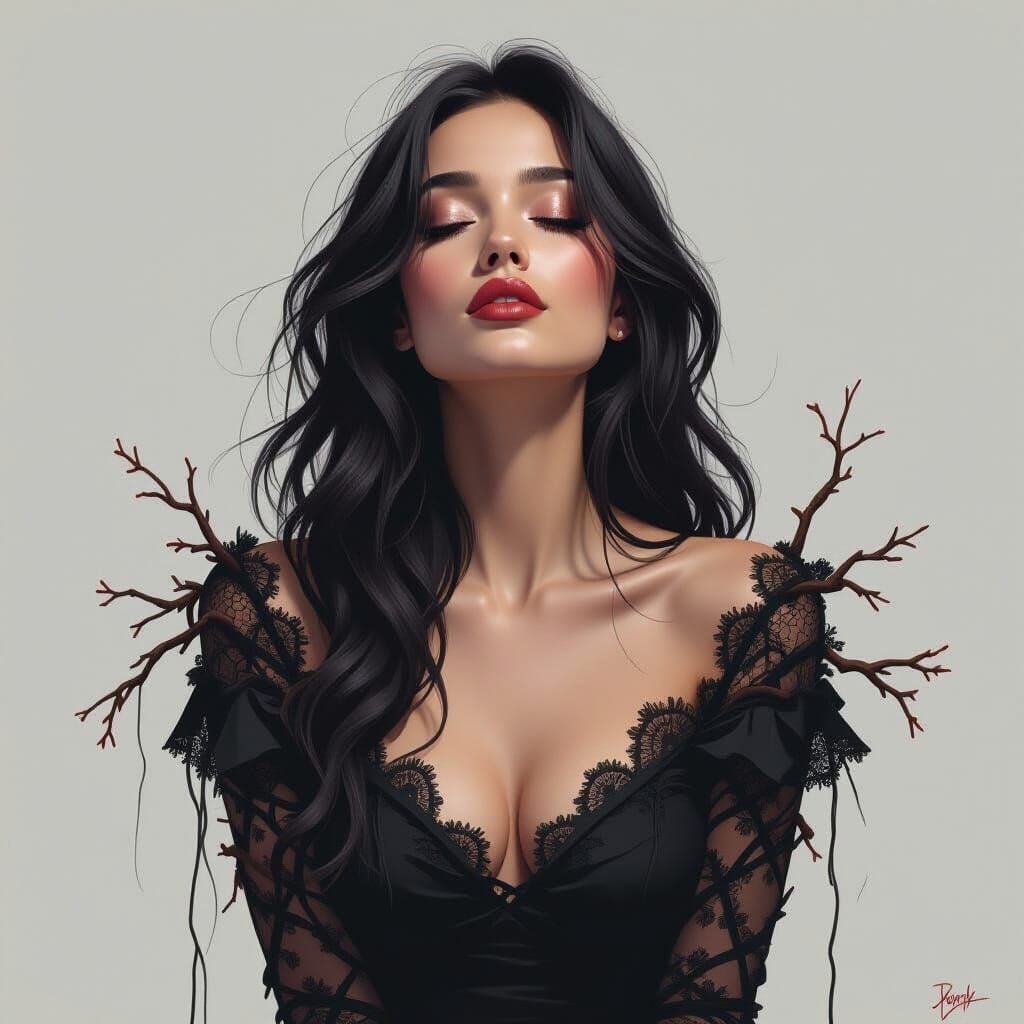 Contemplative Woman with Lavender in Digital Portrait