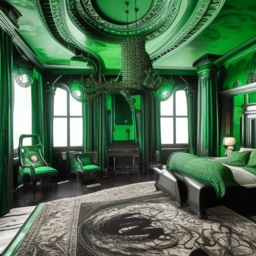 Emerald Cthulhu HP Lovecraft themed penthouse with Emerald green gothic octopus furniture& Black tentacle rug& haunted G...