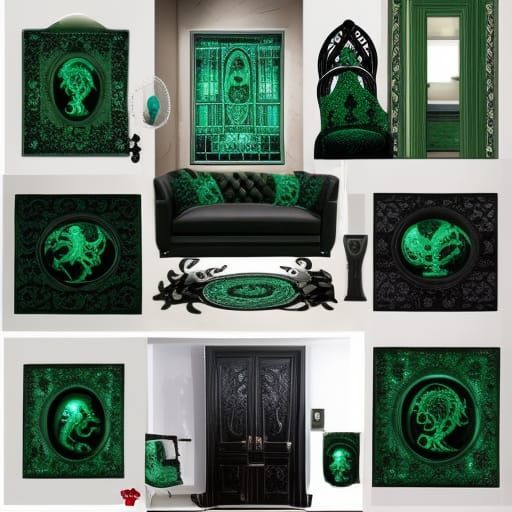 Emerald Cthulhu HP Lovecraft themed penthouse with Emerald green gothic octopus furniture& Black tentacle rug& haunted G...