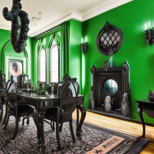 Emerald Cthulhu HP Lovecraft themed penthouse with Emerald green gothic octopus furniture& Black tentacle rug& haunted G...