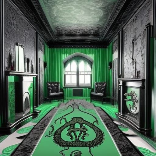 Emerald Cthulhu HP Lovecraft themed penthouse with Emerald green gothic octopus furniture& Black tentacle rug& haunted G...