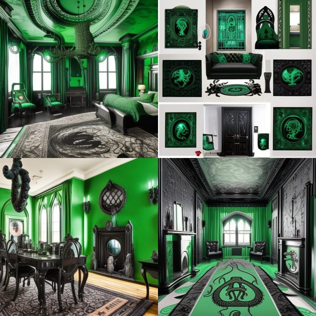 Emerald Cthulhu HP Lovecraft themed penthouse with Emerald green gothic octopus furniture& Black tentacle rug& haunted G...