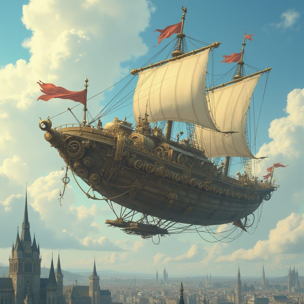 Steampunk Airship Soaring Over Gothic Metropolis