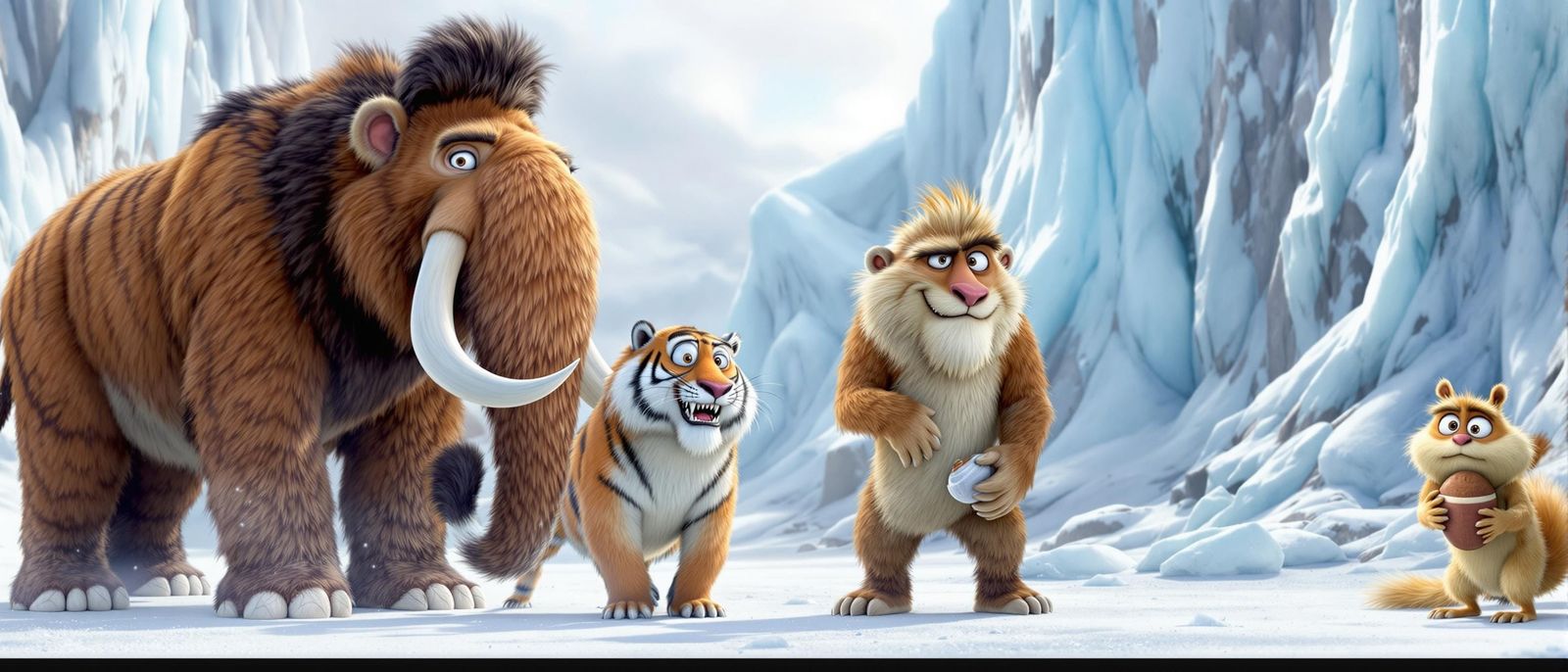 Realistic Ice Age Animals in Snowy Landscape