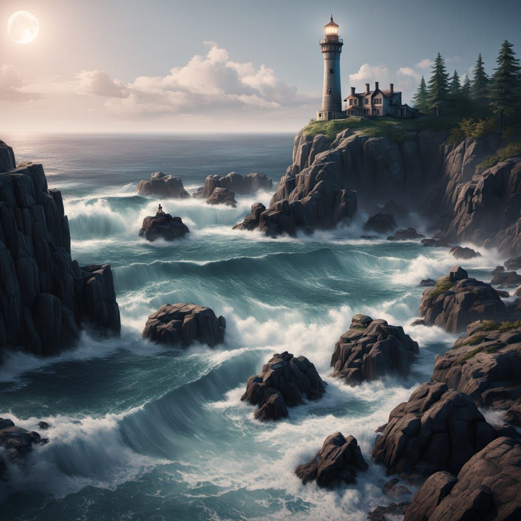 Mermaid Gazing at Lighthouse: Fantasy Concept Art